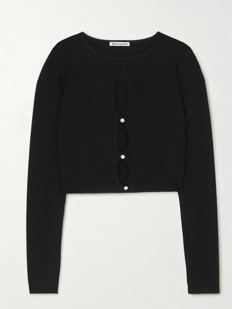Reformation Black Cropped Long-Sleeve Top With Front Cutouts